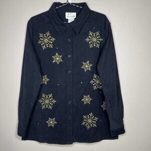 The Quacker Factory Black Button-up Stretch Snowflake Christmas Shirt Sz L